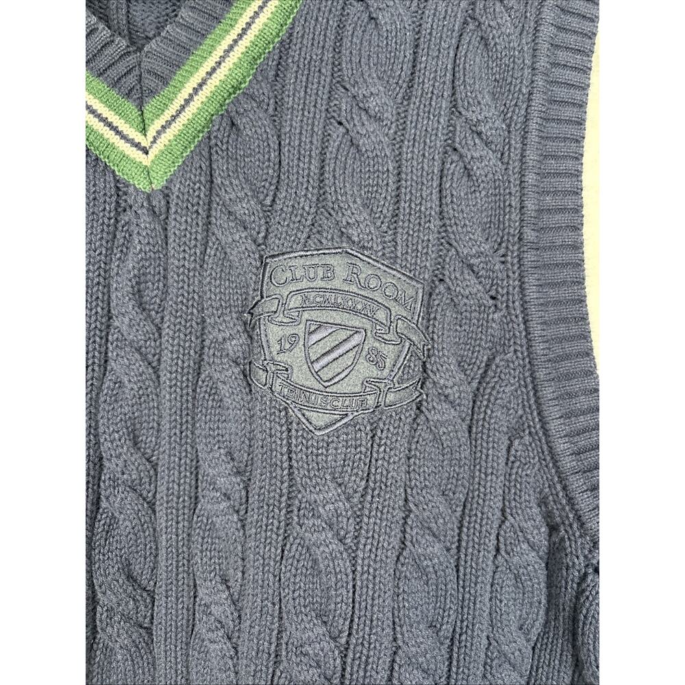 Club Room Sweater Vest Mens Large Cable Knit Navy Blue Cotton Logo Academia Golf - Picture 3 of 9